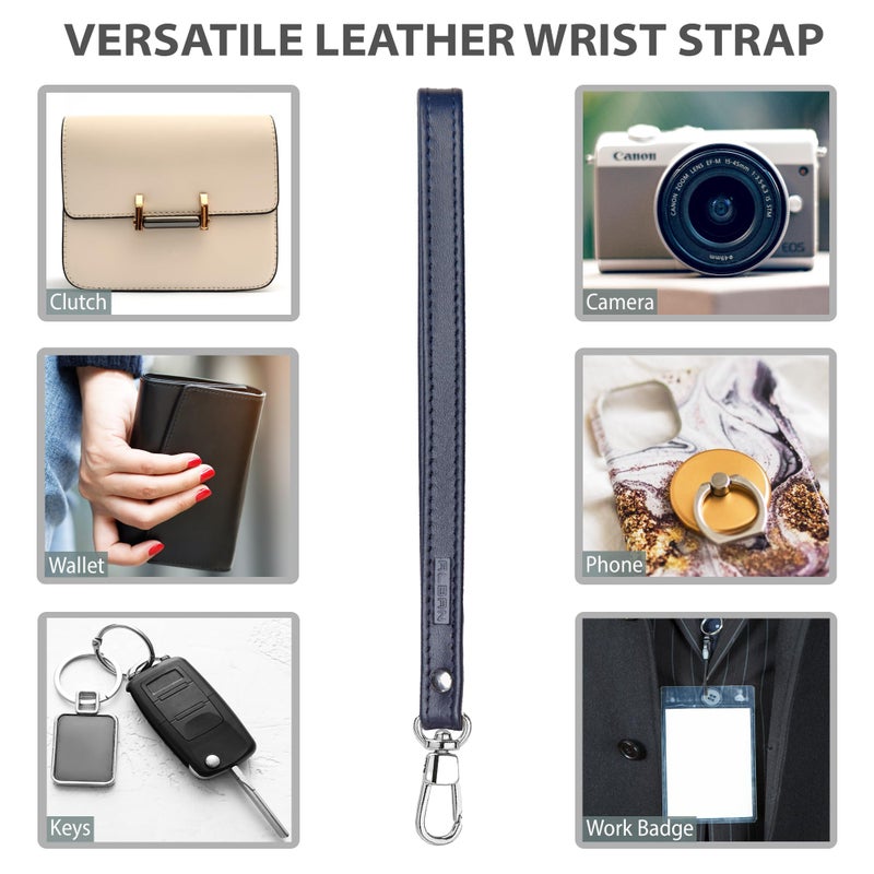 Alban Leather Wrist Strap for Wallet, Clutch, Keys, Wristlet Purse, Keychain for Women and Men - Genuine Navy Blue Leather Strap with Silver Metal Clasp - Image 2